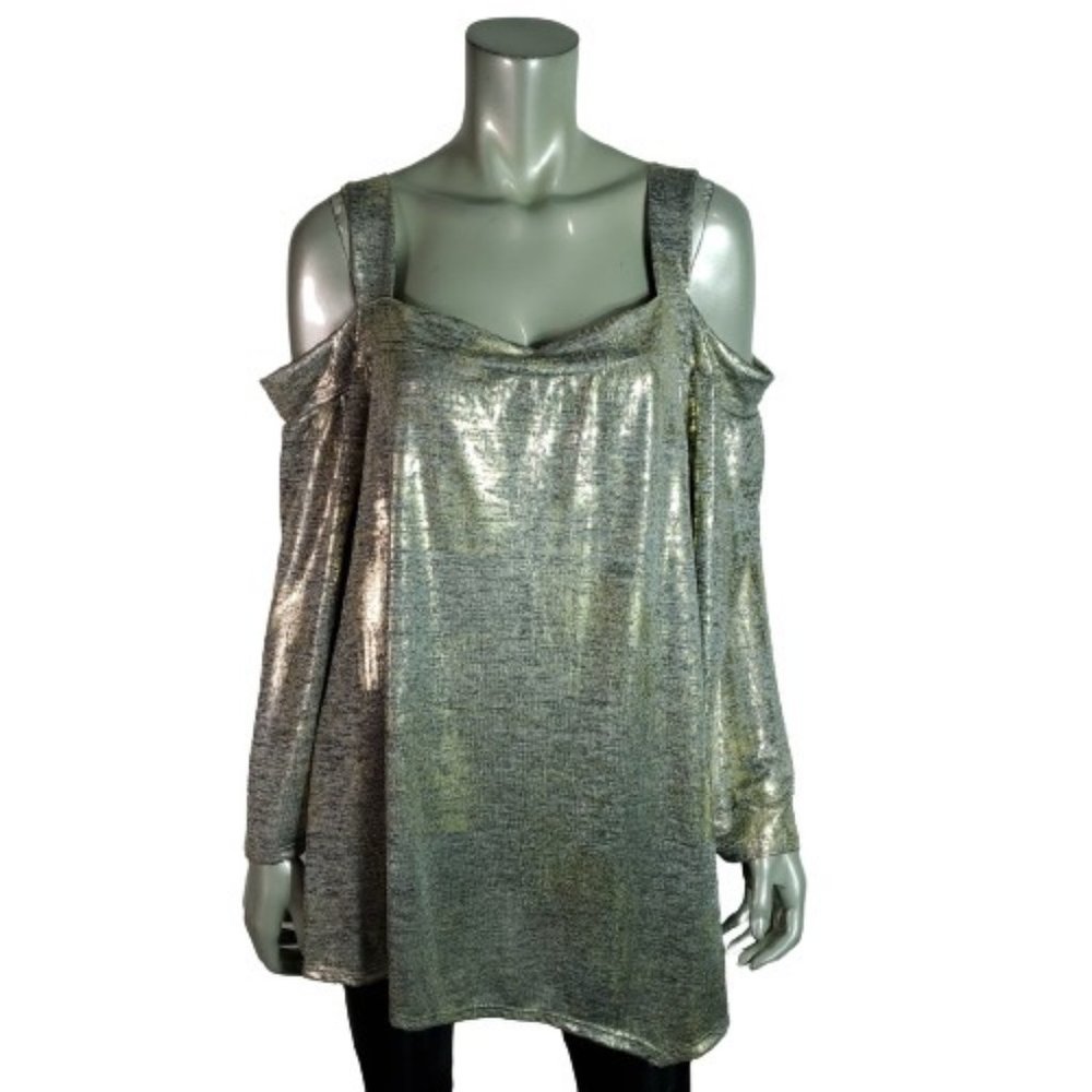 Avenue Top Plus Size 26/28 Gold Silver Metallic‎ Cold Shoulder Stretch Pullover